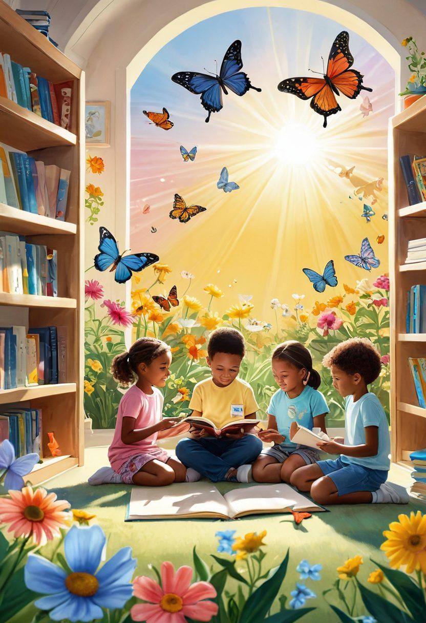 A vibrant illustration of children engaged in playful learning environments, surrounded by books, scientific tools, and supportive caregivers. Include a bright sun shining down with elements symbolizing hope, such as butterflies and flowers. The background should incorporate soft pastel colors and imagery representing research and education in pediatric cancer care. super-realistic. vibrant colors. uplifting atmosphere.