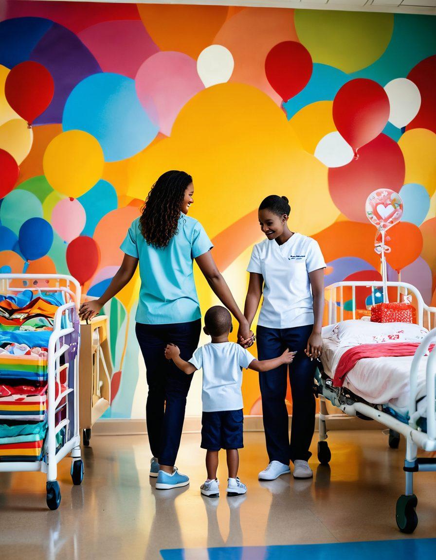A warm and inviting scene of a young child holding hands with a parent in a hospital setting, surrounded by colorful murals and toys, symbolizing hope and support. Medical equipment in the background subtly emphasizes the pediatric cancer theme, while a soft light creates an uplifting atmosphere. Include diverse family representation to highlight inclusion. super-realistic. vibrant colors. warm tones.