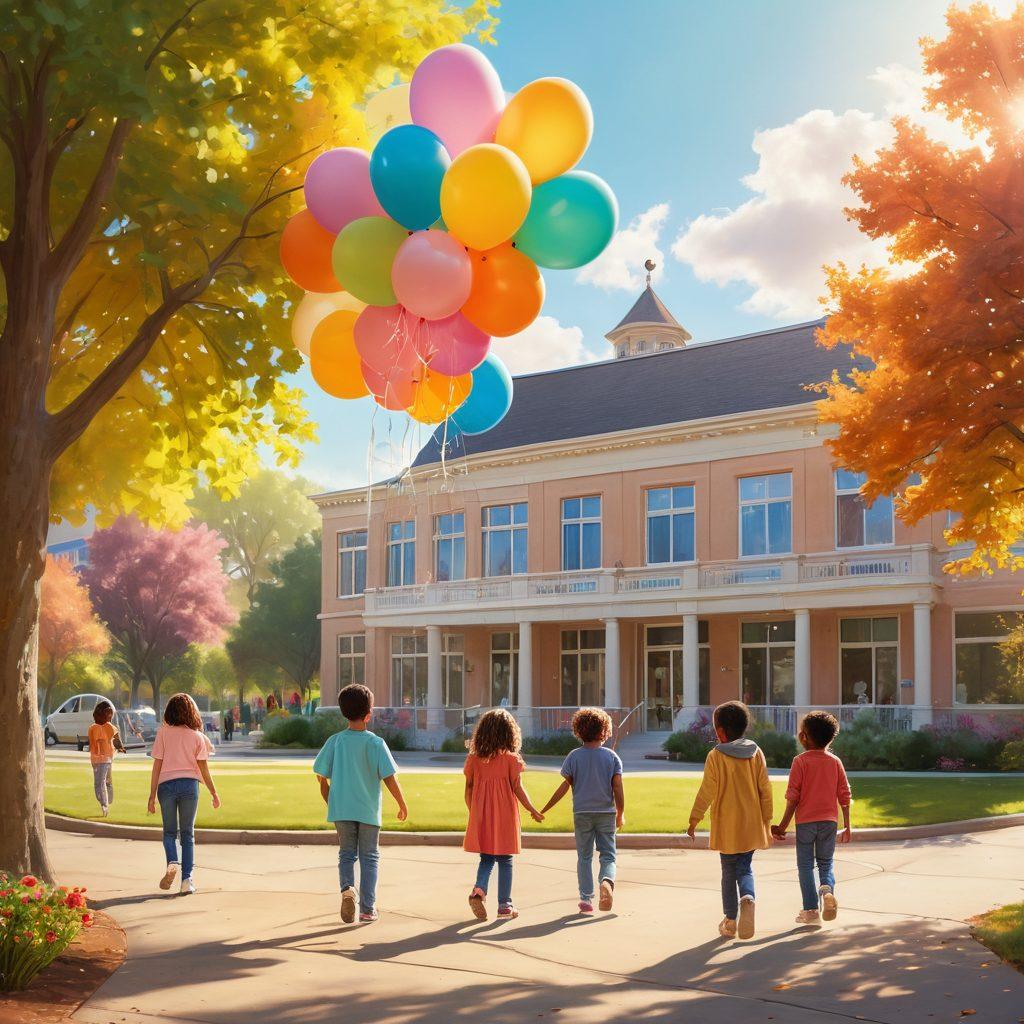 A serene and hopeful scene depicting a diverse group of children playing together in a bright park, surrounded by colorful balloons and supportive families. In the background, a whisper of a hospital stands with a welcoming facade, symbolizing care and community. Sunlight filters through trees, creating a warm atmosphere of hope and resilience. Soft pastel colors. super-realistic. vibrant colors.